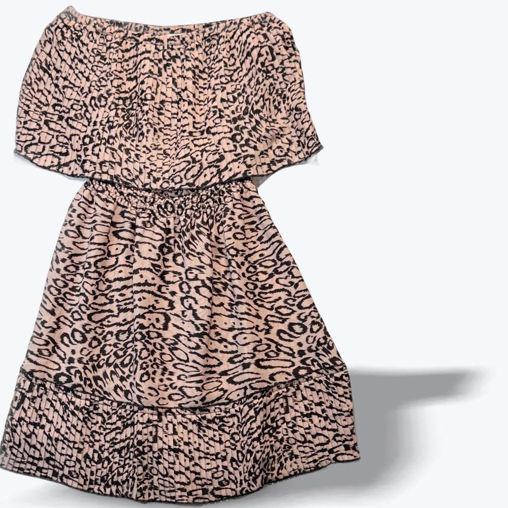 Parker Mini Dress Off Shoulder Pleated Pink Black Leopard Print Womens XS